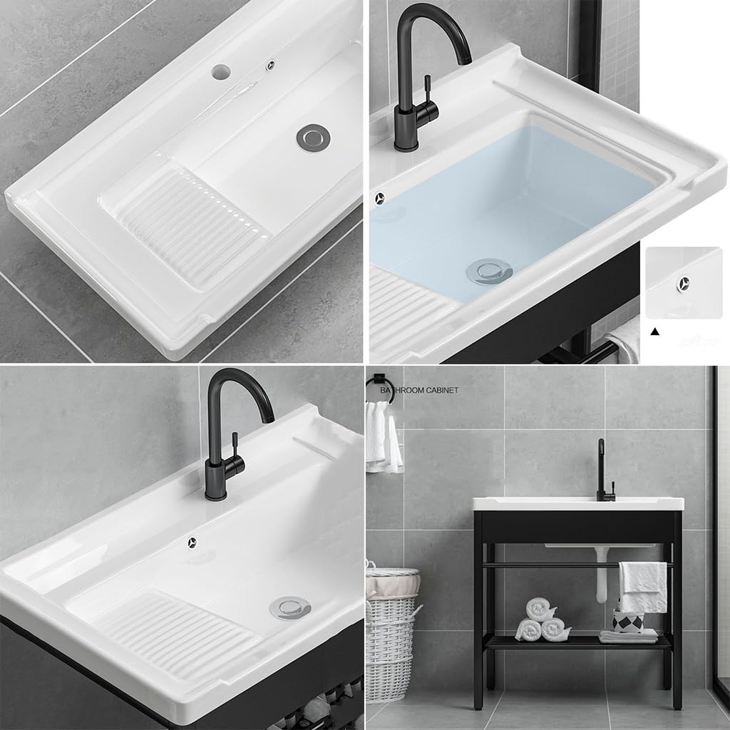 Fregadero Independiente for Lavandería, Lavabo de Cerámica con Tabla de Lavar Patas de Metal de Acero Inoxidable Soporte y Kit de Drenaje, for Lavadero, Lavadero, Garaje, Sótano ( Size : 60X48CM )