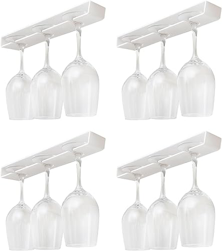 Paquete de 4 estantes para copas de vino, sin taladrar debajo del gabinete, organizador para bar y armario de cocina (blanco clásico)