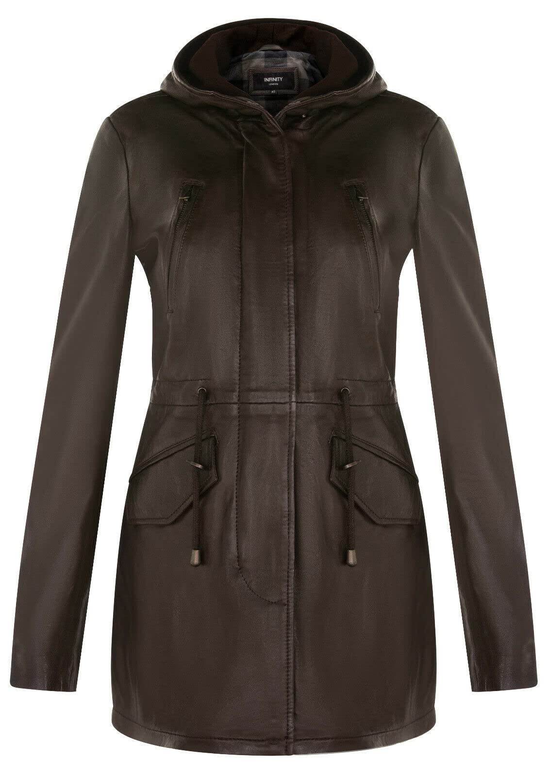 Infinity Leather Women's Brown Leather Hooded Parka Jacket-Bucharest In | : Size 16