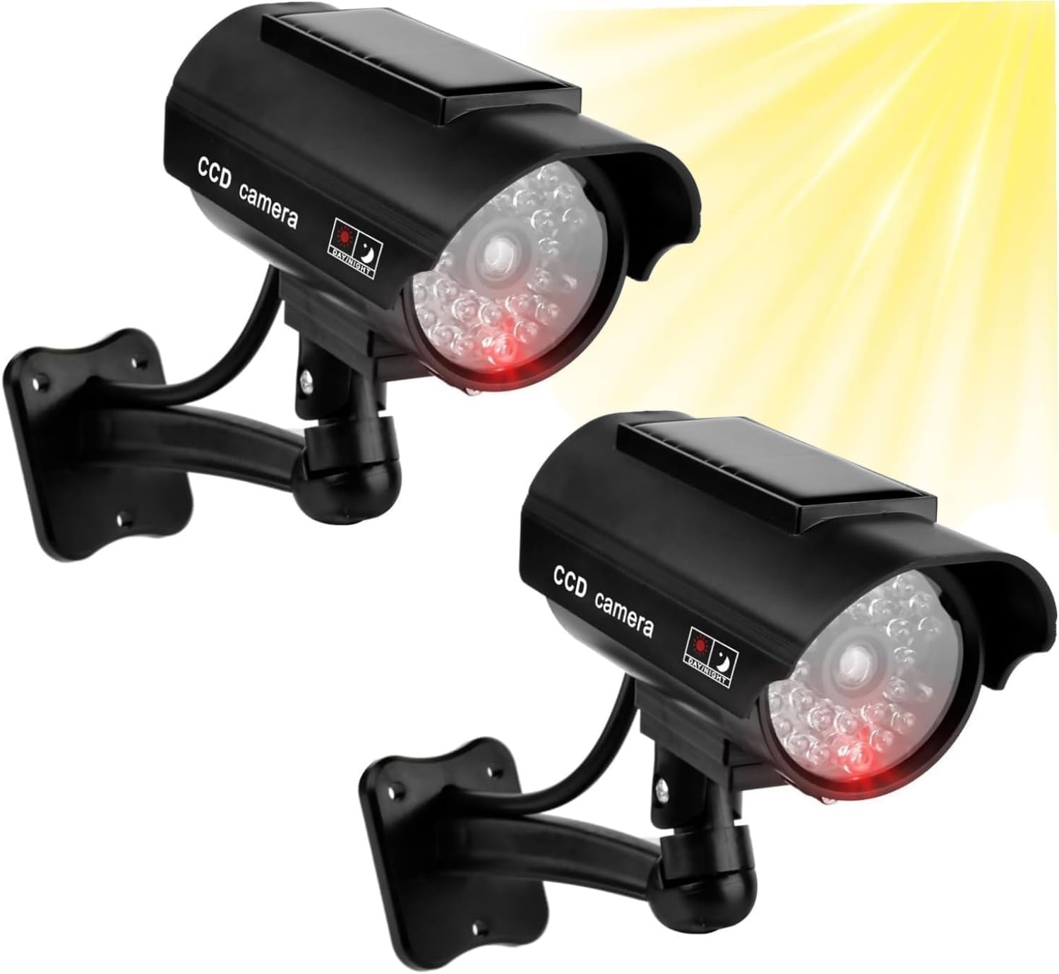 Telecamera di sorveglianza a energia solare, manichino, con luce LED e rotazione a 360°, resistente alle intemperie, per esterni e interni, con adesivo di avvertimento e viti