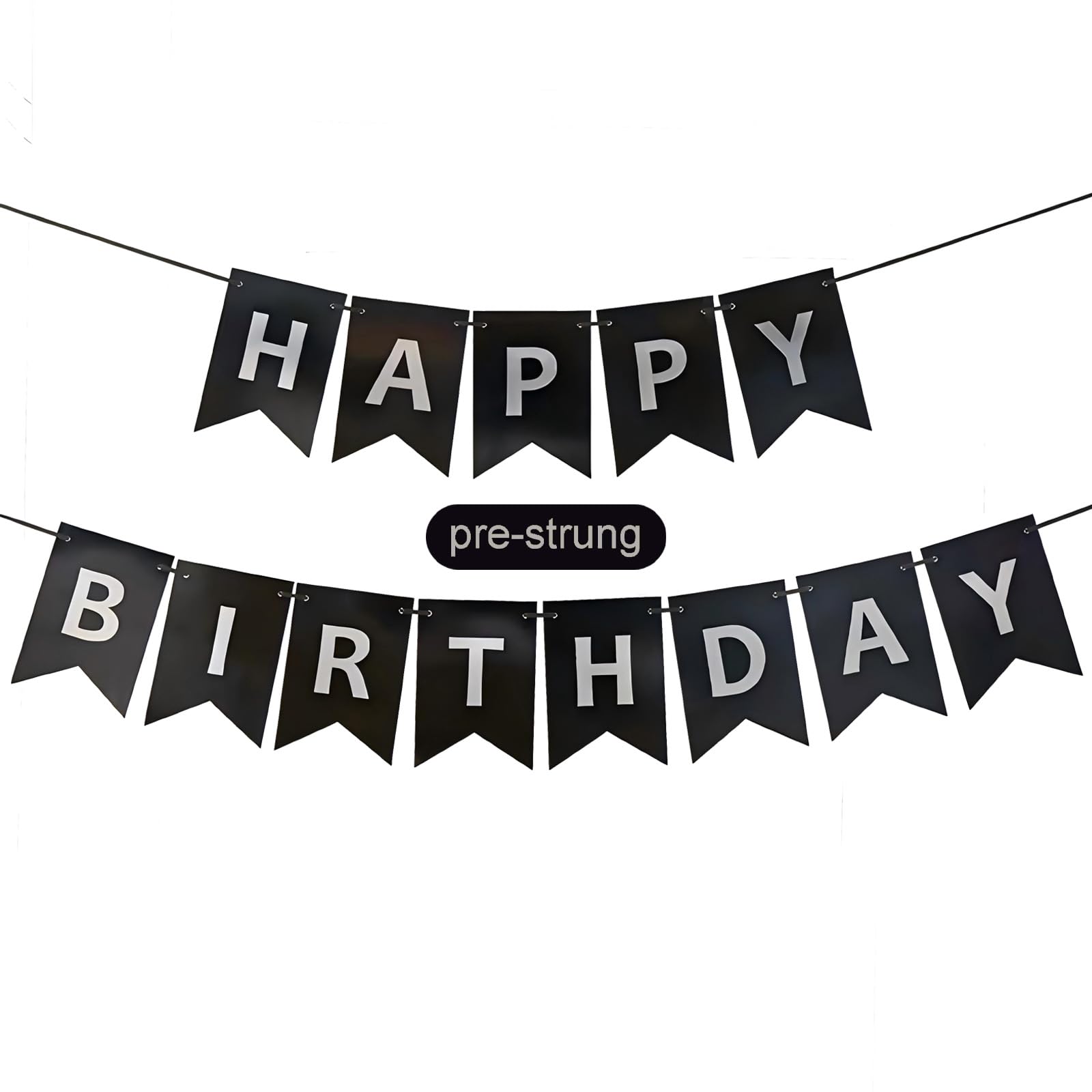Black Happy Birthday Banner,Pre-Strung Black and Silver Birthday Party Decorations,16ft Hanging Sign for Kids, Girls, Boys, Women – No DIY, Backdrop Supplies