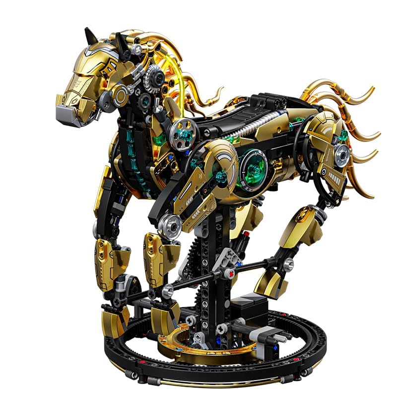 Image of SKY LINE OCEAN Mechanical Horse Building Set with LED Light (1055+ PCS) - Steampunk Robotic Animal Model, Poseable STEM Construction Kit, Compatible Bricks Collectible Display Gift for Ages 14+