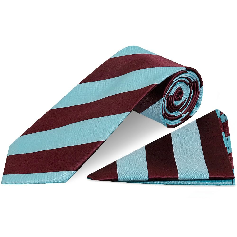 TIES R US Claret and Blue Striped Hand Made Classic Men's Football Tie and Handkerchief Set