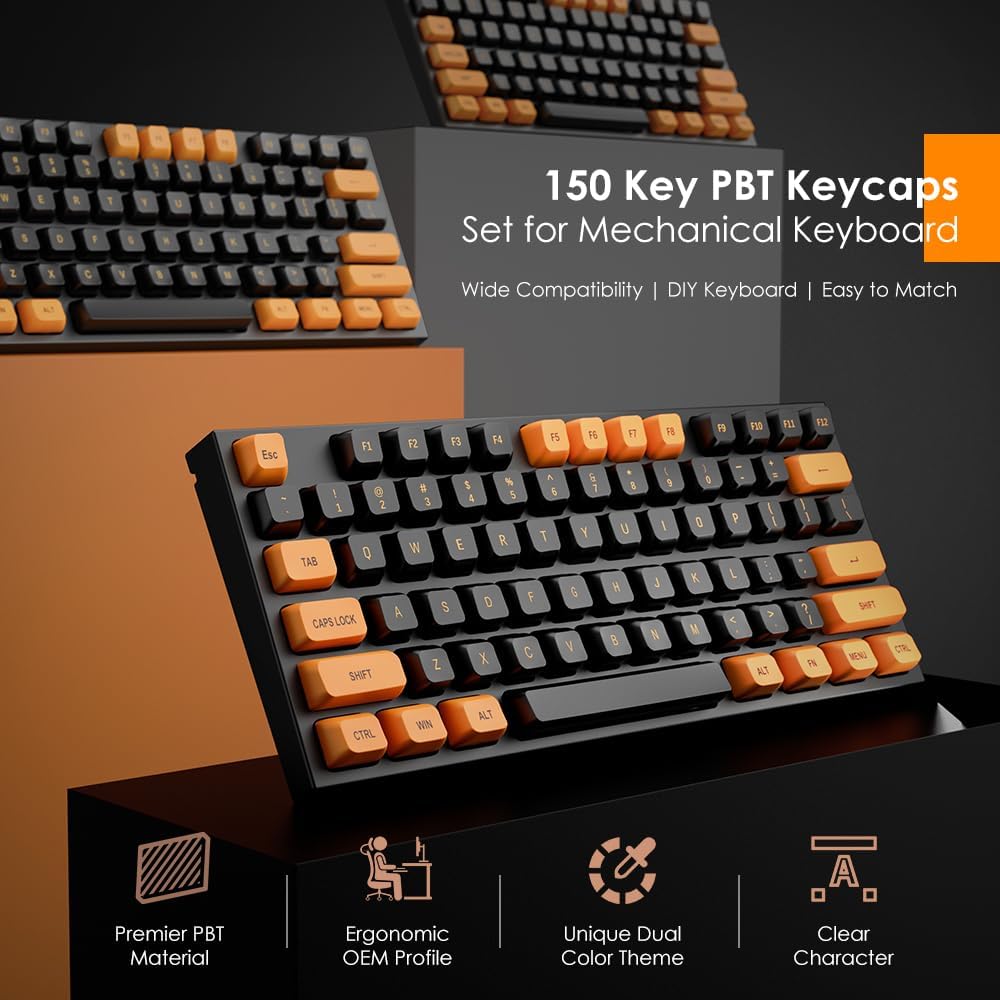 CSA Profile Keycaps Double Shot PBT, Thocky Sound Orange Black 150 Keys Set for MX Switches Aula F99/F75 Mechanical Keyboard, with 6.25U/7U Spacebar