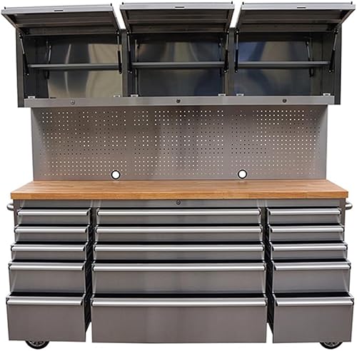 Miniatura 5 de Caja de herramientas de 15 cajones de 72 pulgadas con gabinete de 3 y tablero de clavijas en acero inoxidable (acero inoxidable)