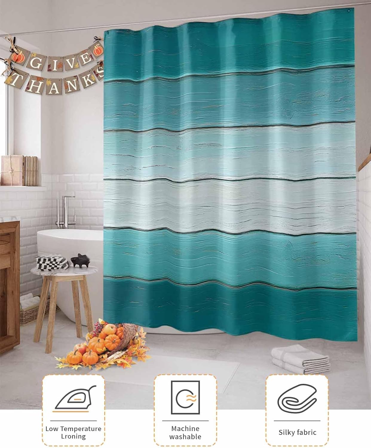 72x78 Inch Shower Curtain Teal Turquoise Bathroom Decor Waterproof Fabric Bathtub Bath Curtains Decorative Farmhouse Abstract Gradient Wooden Plank Extra Long Shower Curtain Set with Hooks
