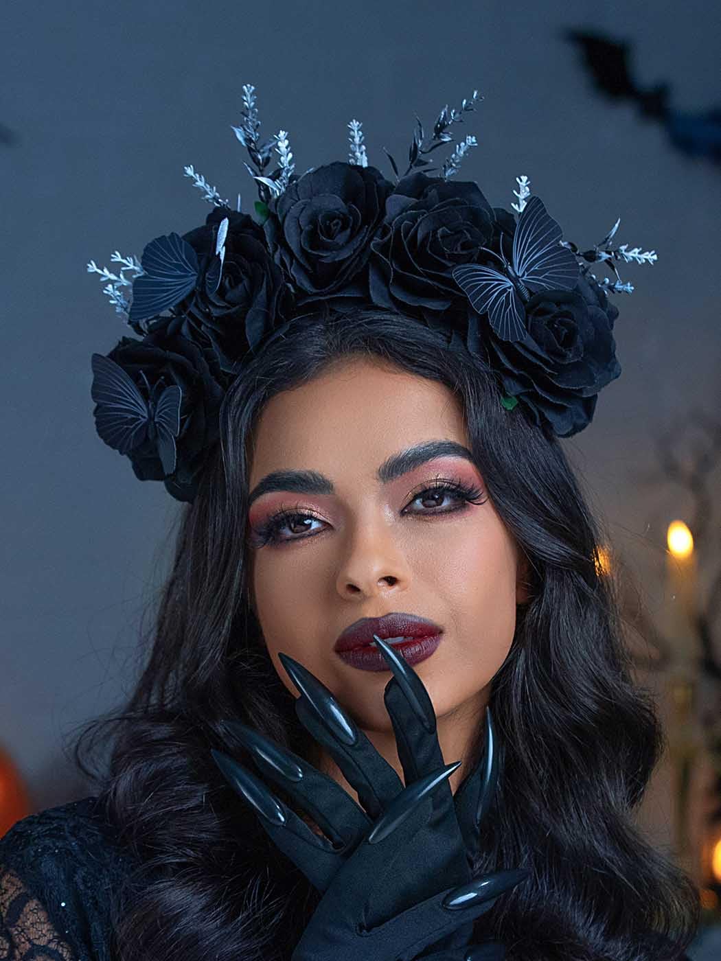 IYOU Day of the Dead Headband Black Rose Flower Hair Bands Butterfly Costume Headpiece Rave Carnival Festival Halloween Hair Accessories for Women
