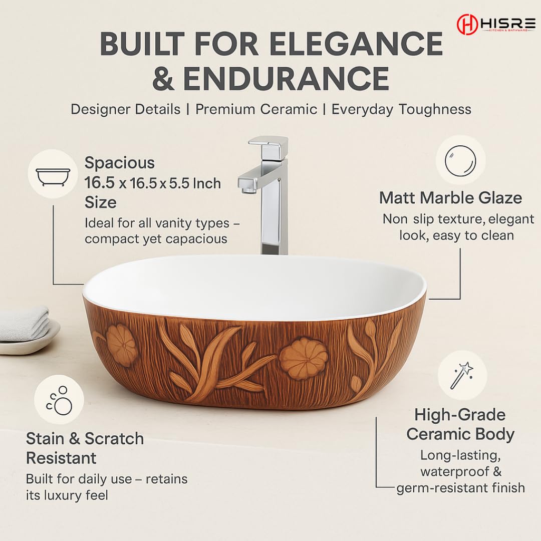 HISRE Wash Basin | Matt Marble Luxurious Table Top Bathroom Sink OVEL (16.5 x 16.5 x 5.5 INCH) (Design - 2), photo 4 of 5