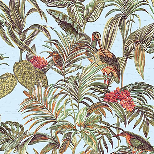 Duck Egg Blue Tropical Wallpaper Birds Palm Textured Green Paste The Wall Vinyl