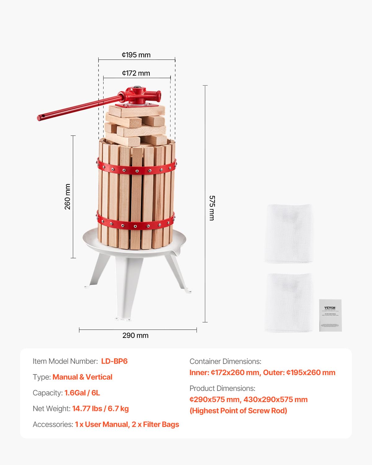 VEVOR Obstweinpresse Obstmühle (6 L) mit Massivholzkorb mit 8 Blöcken, robuster manueller Entsafter, Apfelweinpresse Apfelpresse Traubenpresse Olivenölpresse mit Griff, Saftpresse für Küche