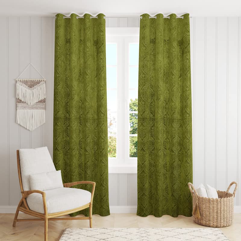 Image of Suede Velvet Embossed Room Darkening Door Curtain for Living Room, Bedroom, Hallway, 11 feet Long, Green, Set of 1