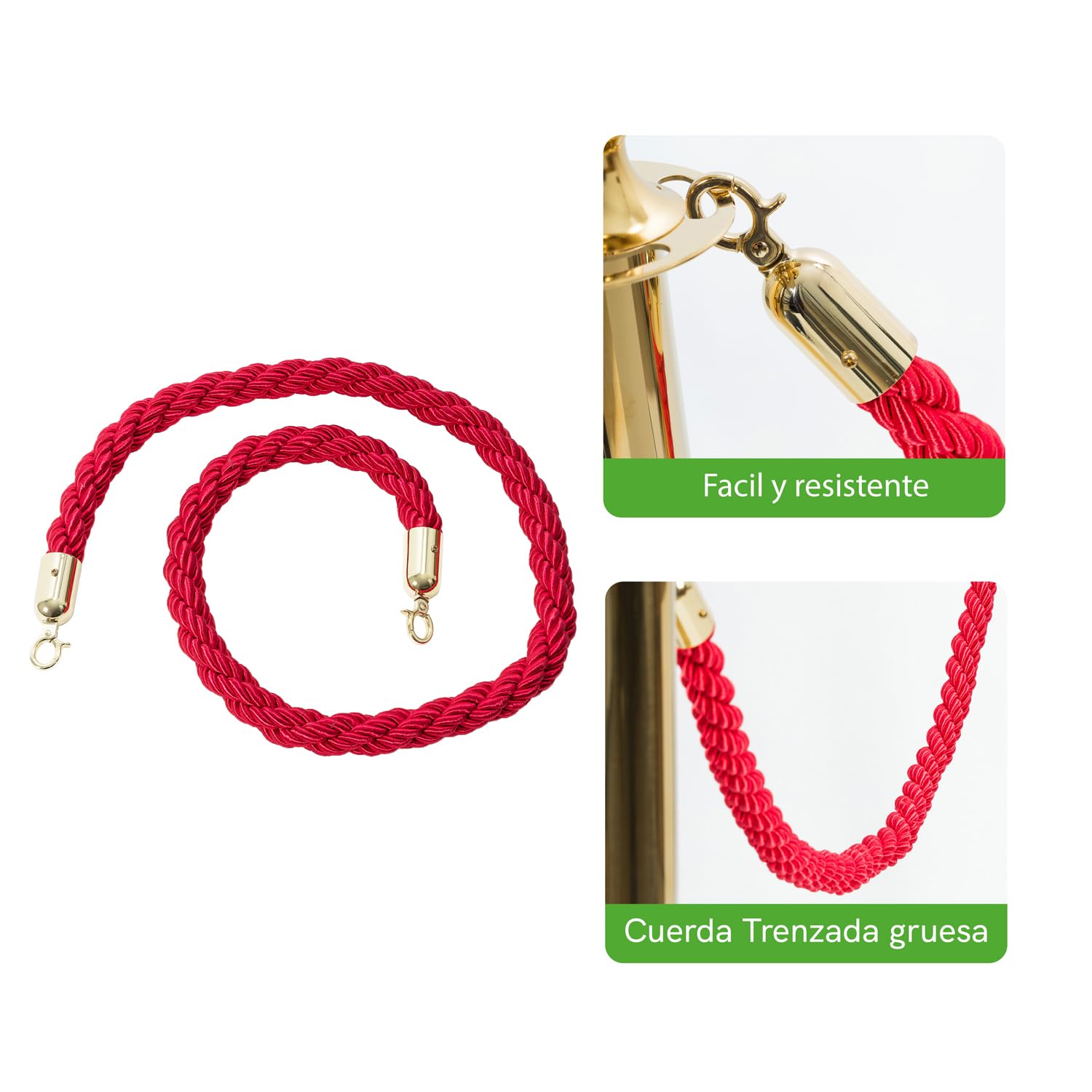 Pack Catenaria Dorada para Eventos Premium y Extensible de Acero | Poste Separador de Acero, Cordón Zona VIP Elegante para Catering. Incluye 2 Mástiles y Cuerda Trenzada. Sol y Carpa