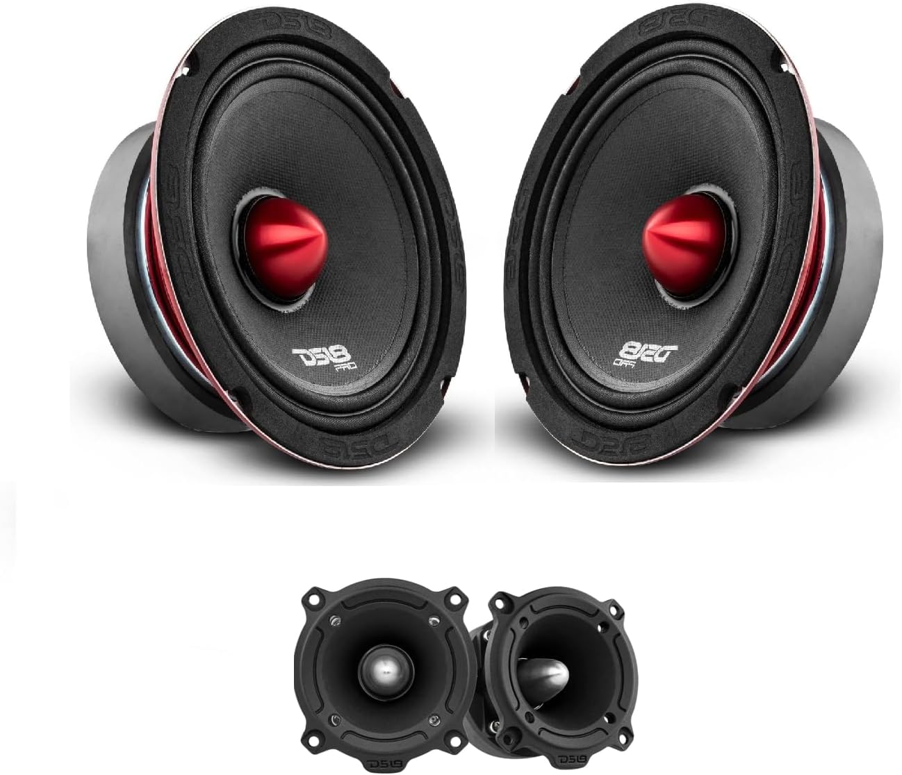 DS18 Car Speakers Bundle - 2X Midrange 6.5" Loudspeakers with Red Bullet and 2X Pro Super Bullet Tweeter 3" - Complete Audio Package for Your car Stereo Sound System