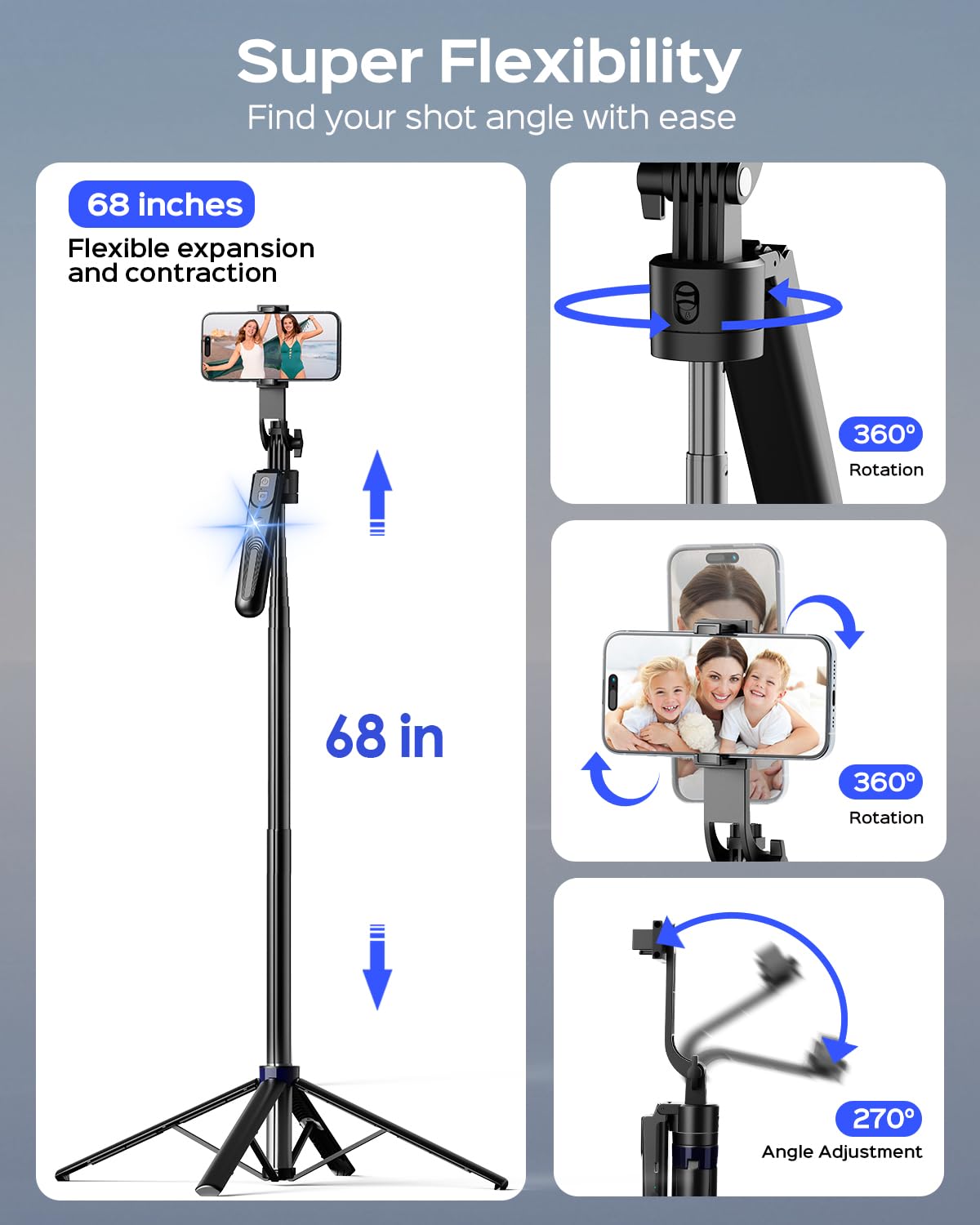 NEMOVA Trípode de seguimiento facial automático de 68 pulgadas para iPhone, trípode de teléfono con rotación de 360° con control remoto inalámbrico y soporte para teléfono, palo selfie para Android