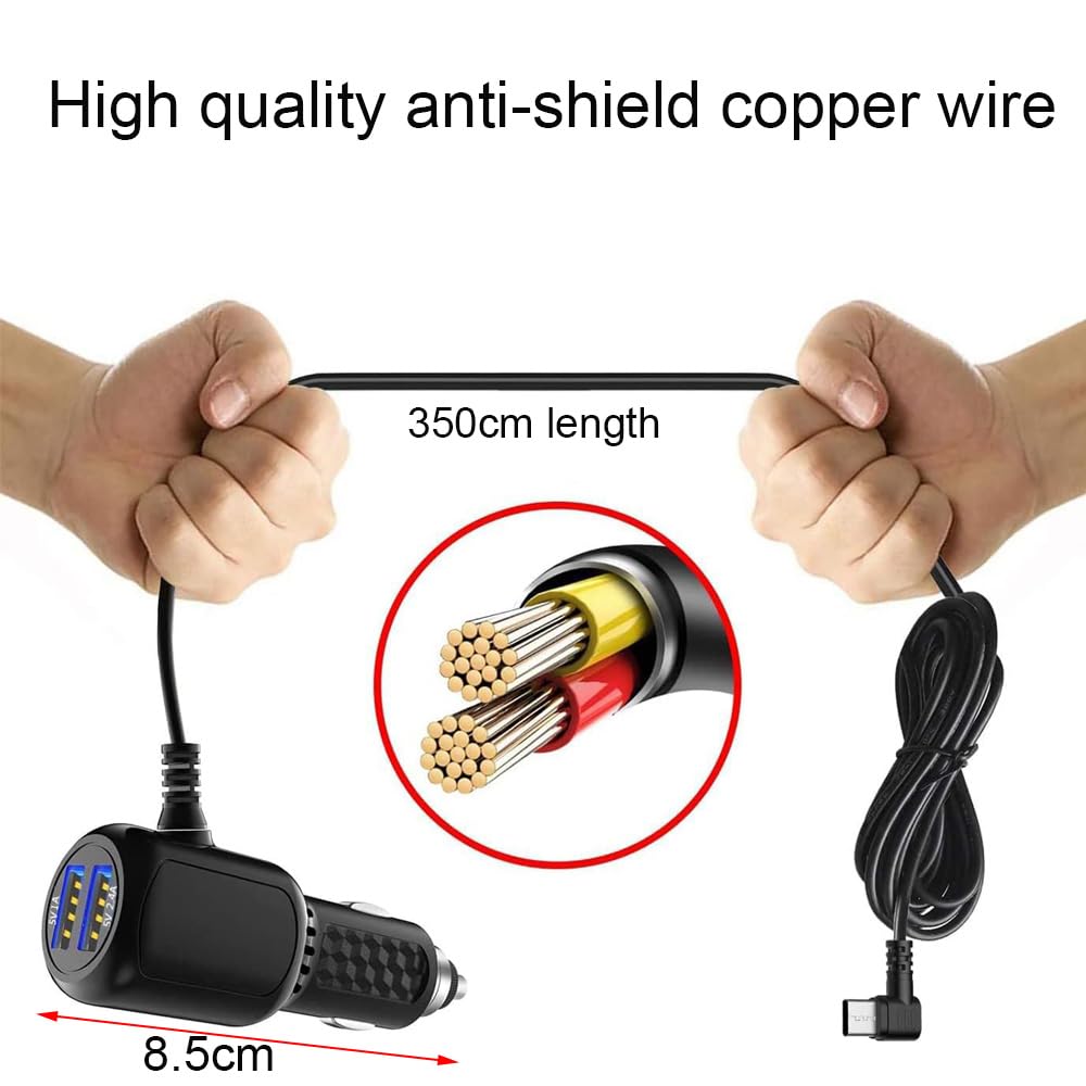 Gebildet Mini USB Power Cord Cable z podwójnym portem USB,Kabel do ładowania Samochodowego o Długości(11.5 stopy/350 cm) do ładowarki Samochodowej Dashcam Camera Charger Power Cable