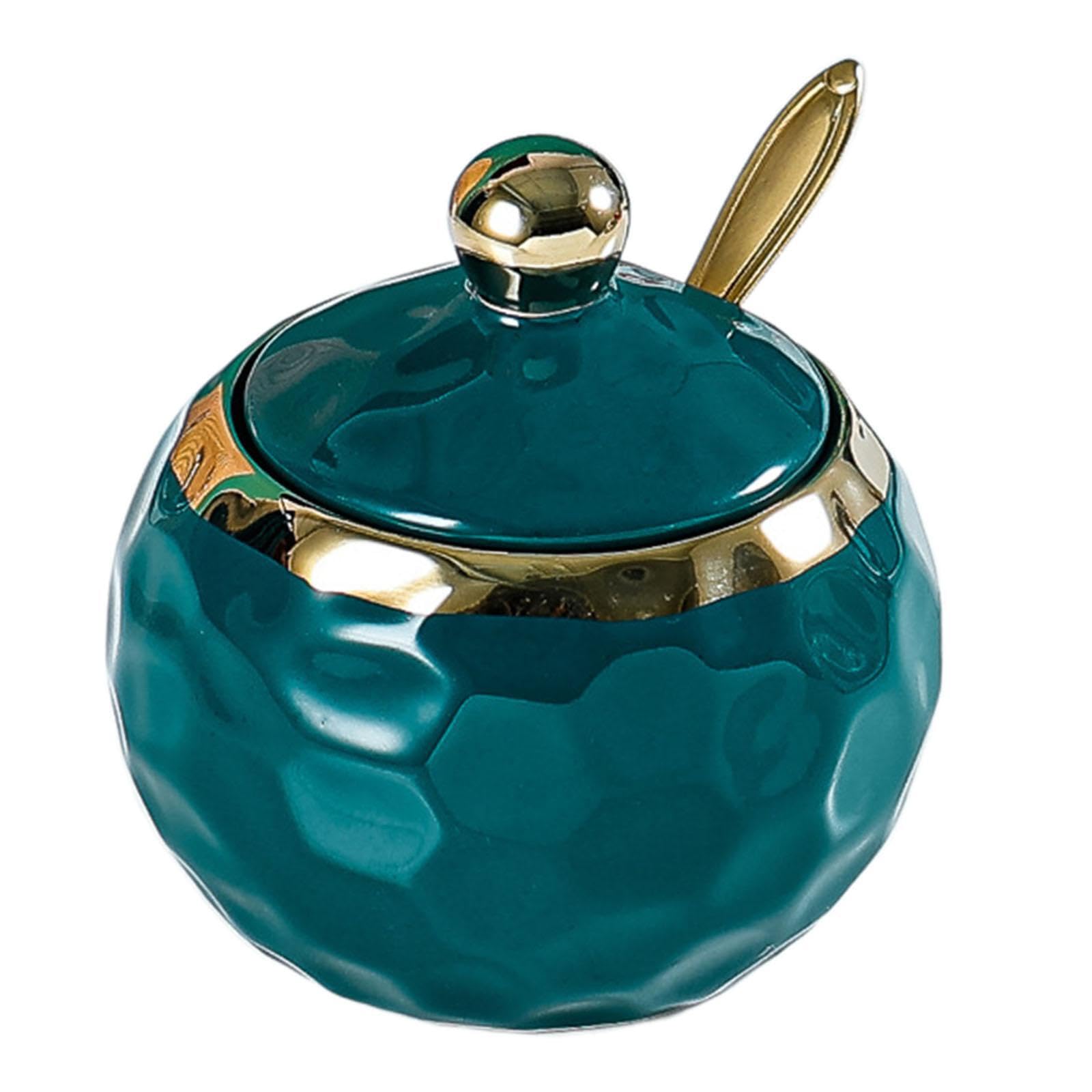 KIXZSAZ Premium Porcelain Sugar Bowl With Lid And Spoon Kitchen Essential Condiment Jar Offering Ample Storage Capacity For Spices Condiment Jar Kitchen, Dark Green, Round