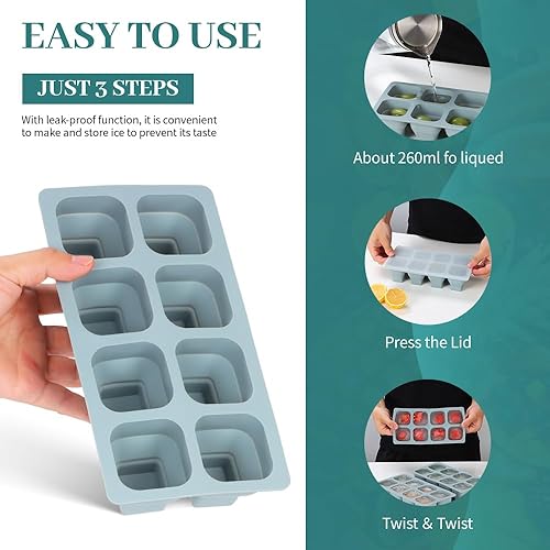 Miniatura 3 de Bandejas plegables para cubitos de hielo, paquete de 2 moldes plegables para hacer cubitos de hielo con tapa para congelador, bandeja de hielo de