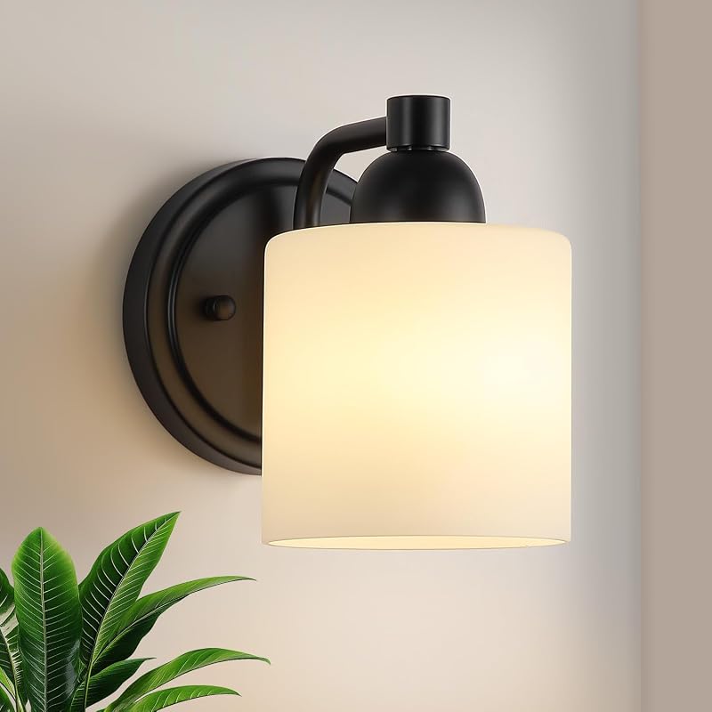 Mecgirn Matte Black Milk Glass Wall Sconces, 1 Pack Hardwired Indoor Wall Light Fixtures for Living Room, Hallway, Bedroom, Ceramic E26 Sockets (Bulbs Not Included)