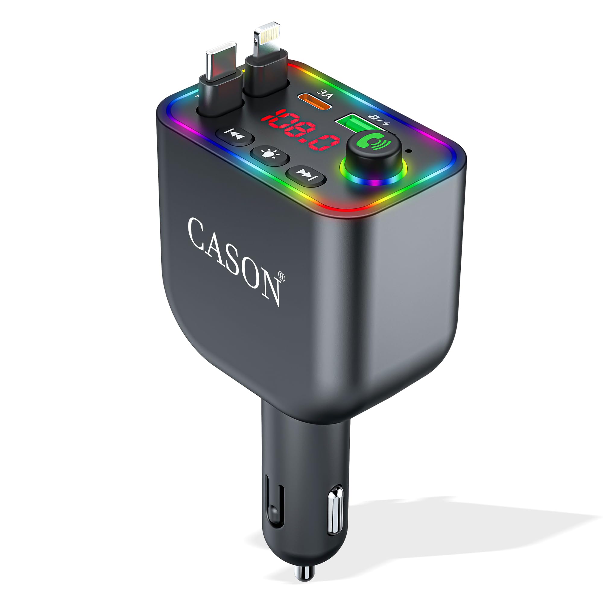 Cason Car Charger 120W Type-C Fast Charging | 4-in-1 Retractable Car Mobile Charger Cable with 2 USB Ports, Bluetooth FM Transmitter with LED Display for iPhone, Android Smartphones-image-10
