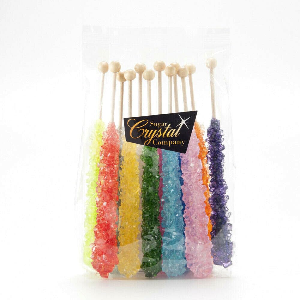 12 pcs Mixed Rock Candy Sticks Sugar Crystal on a Stick 12 x Lollies - Individually Wrapped - Candy Buffet Favours Cake Decorating - Drink/Cocktail Swizzle Stick Stirrers
