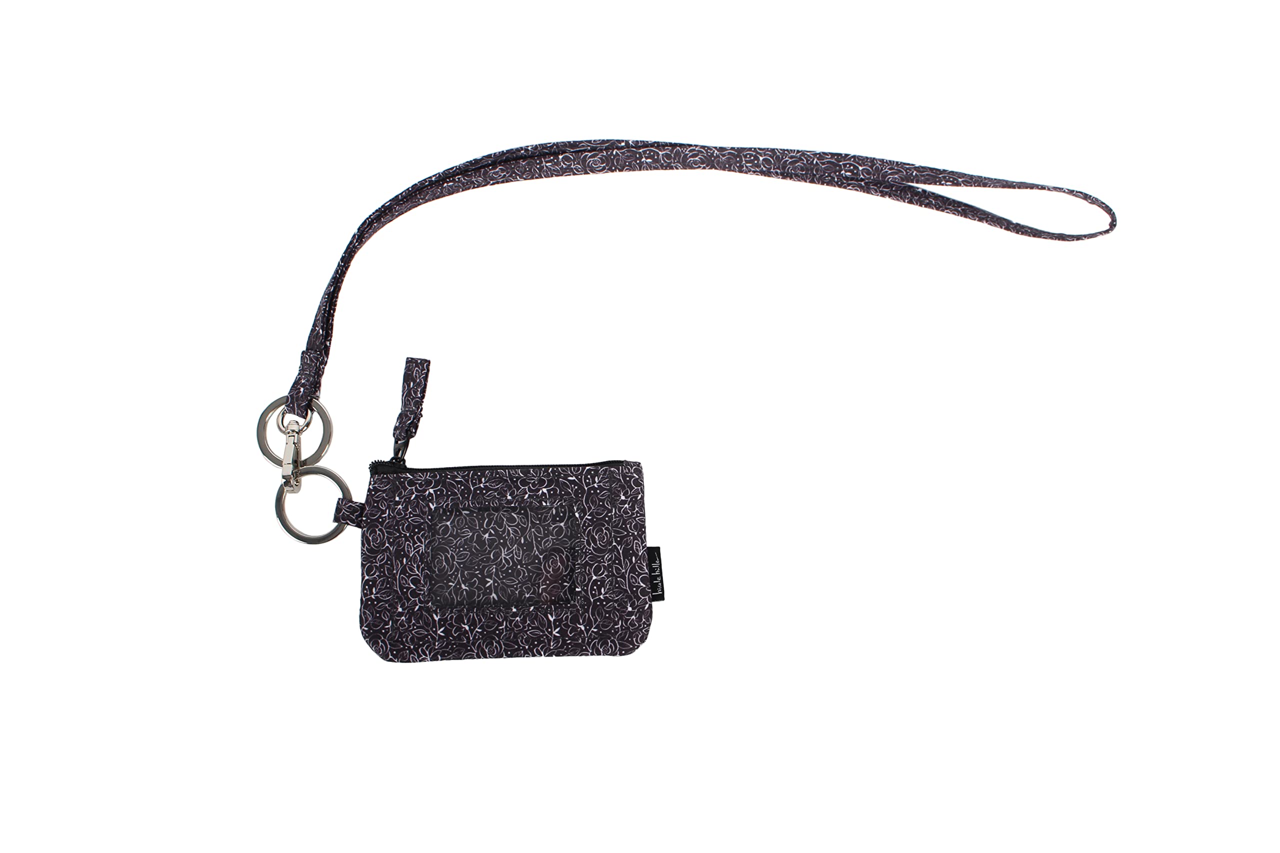 Nicole Miller 5 x 3.5 Inch Fashion Zip ID Case Small Holder Bag– Durable Polyester Wallet with Zipper and Keychain Lanyard Good for Card, Cash, Coin, and Keys (Black Floral)