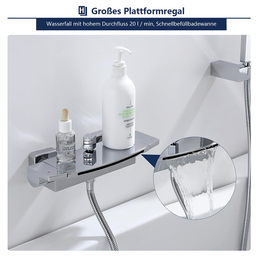 HOMELODY Badewannenarmatur Wasserfall mit Brause Wasserhahn Badewanne Mischbatterie Messing Wannenarmatur Chrom