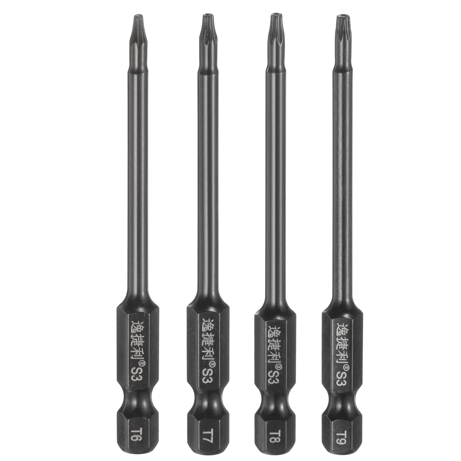 sourcing map 4pcs T6-T9 Security Torx Head Screwdriver Bit 1/4" Hex Shank 3" (75mm) Long Magnetic Tamper Proof 6 Point Star Screw Driver Bit S3 Steel Mirror Polished Power Tool with Hole