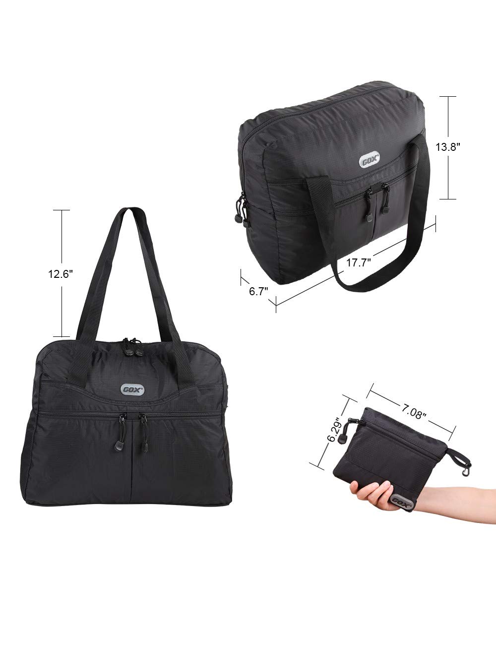 Damska torba na siłownię, duża, składana torba podróżna, pakowalna torba na ramię, bagaż podręczny, torba weekendowa, na noc, lekka, Czarny, Carry-On 20-Inch, Torba podróżna