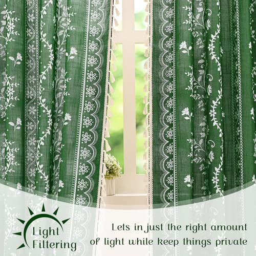 Image of Yinhua Boho Curtains for Living Room 84 Inch Length Vintage Linen Curtains for Bedroom Light Filtering Floral Window Curtain Rod Pocket & Back Tabs Rustic Tassel Drapes with Tiebacks, Olive Green