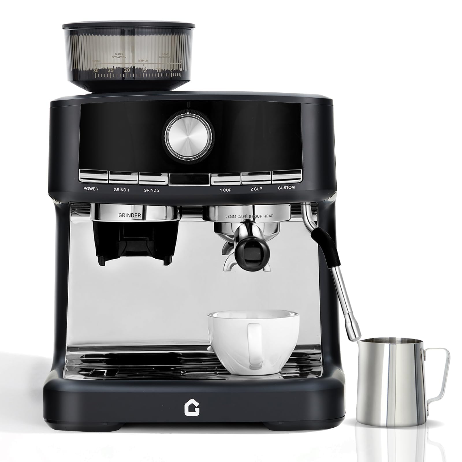 Cafetera Espresso Semiautomática de 15 Bares – Molinillo Integrado 30 Niveles Espumador Leche Portafiltros 58 mm Depósito Agua 1.5 L Fácil Limpiar Pintura Negra Estándar Europeo