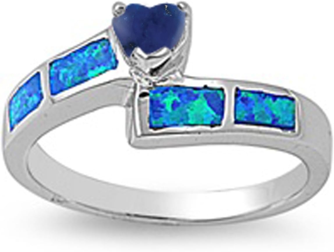 CHOOSE YOUR COLOR Sterling Silver Blue Simulated Opal Heart Promise Ring