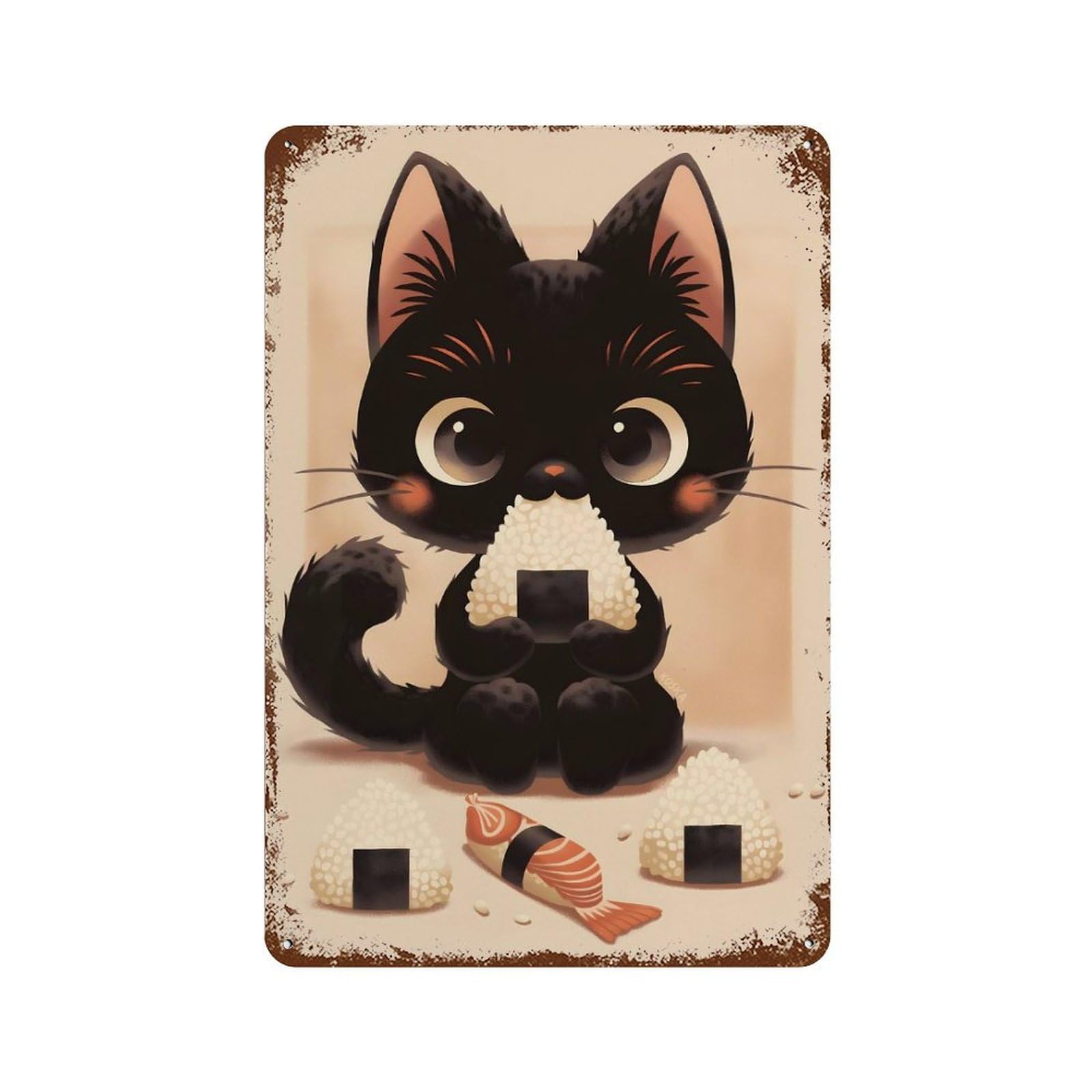 Garage Style Black Cat Eating Onigiri Vintage Rust Metal Sign 11.8"x7.9", Novelty Wall Decor for Bar And Workshop