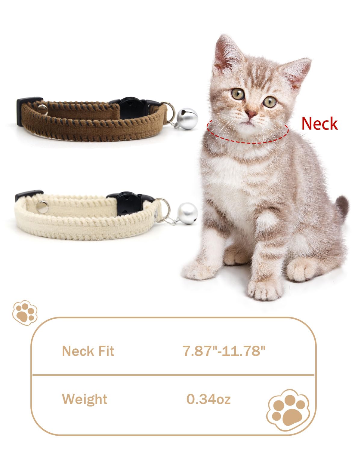 Collar de gato peludo con campana, collar ajustable de 7.87 a 11.8 pulgadas, adecuado para todo tipo de gatos y perros pequeños (M, blanco)