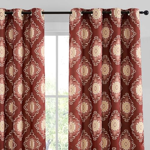 HLC.ME Liam Red and Beige Patterned Curtains - Boho Ogee Ikatt Damask Grommet Curtains - Light Reducing Window Drapes for Bedroom and Living Room, Set of 2 Panels - 52 W x 96 L