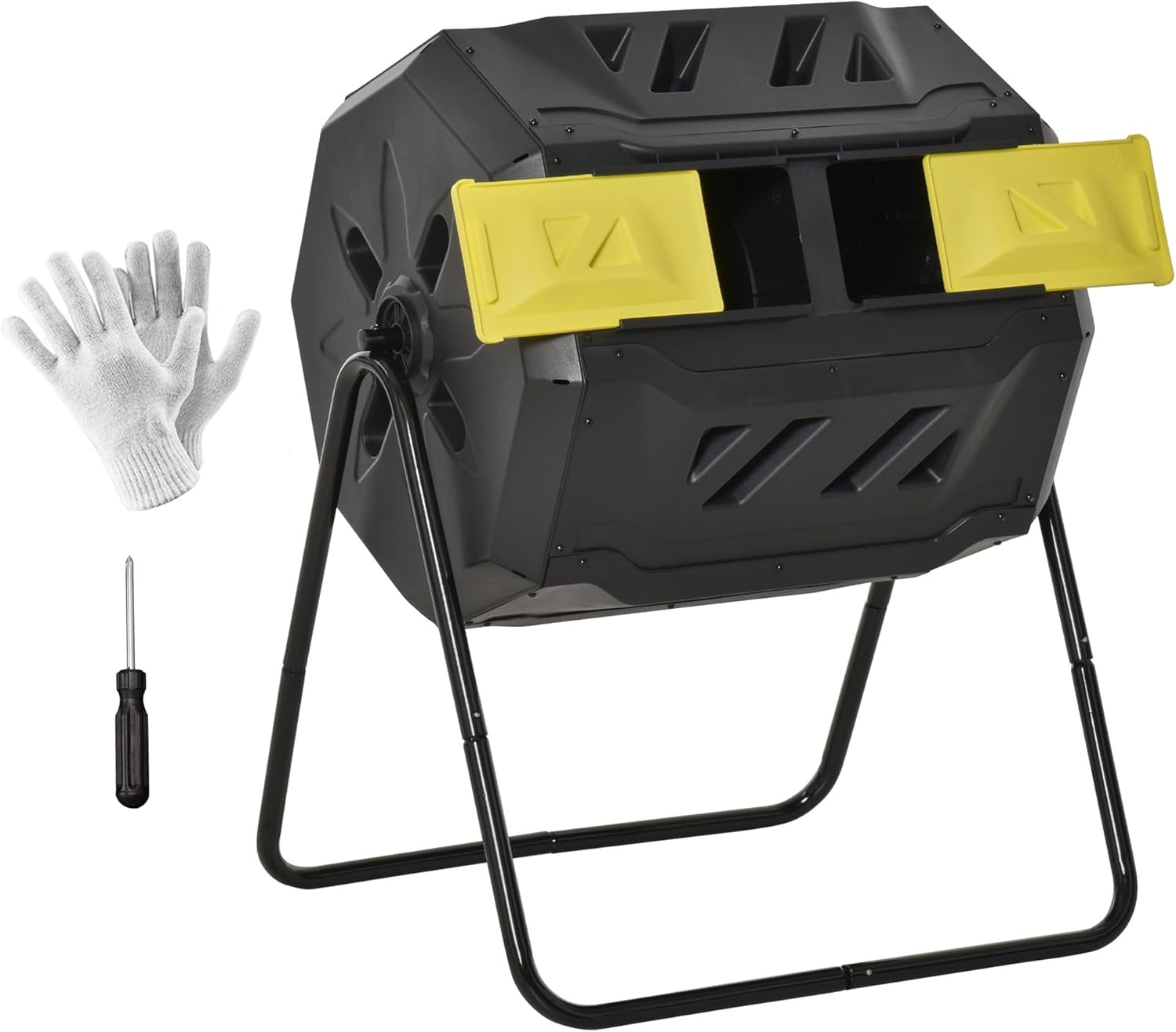 43 Gallon Dual Chamber Tumbling Compost Bin, 360° Rotating Outdoor Composter for Garden & Food Waste Recycling (Yellow)