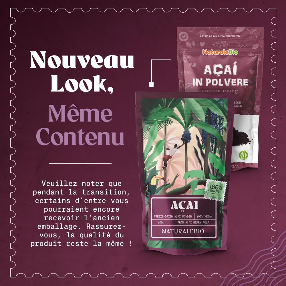NaturaleBio Poudre de Baies d’Acai Bio - Freeze-Dried - 200g. Pure Organic Acai Berry Powder. Produit au Brésil, Lyophilisé, Cru, extrait de la pulpe de Baie d'Açai – Smoothies, Jus, Desserts