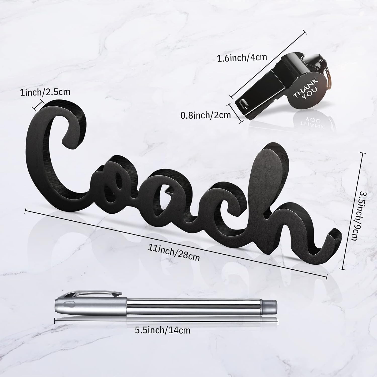 3 Pcs Coach Gifts Football Coach Wood Sign Thank You Whistle Marker Pen Stainless Steel Whistle with Rope for Men Women Soccer Baseball Volleyball Sports Gifts Halloween(Black)