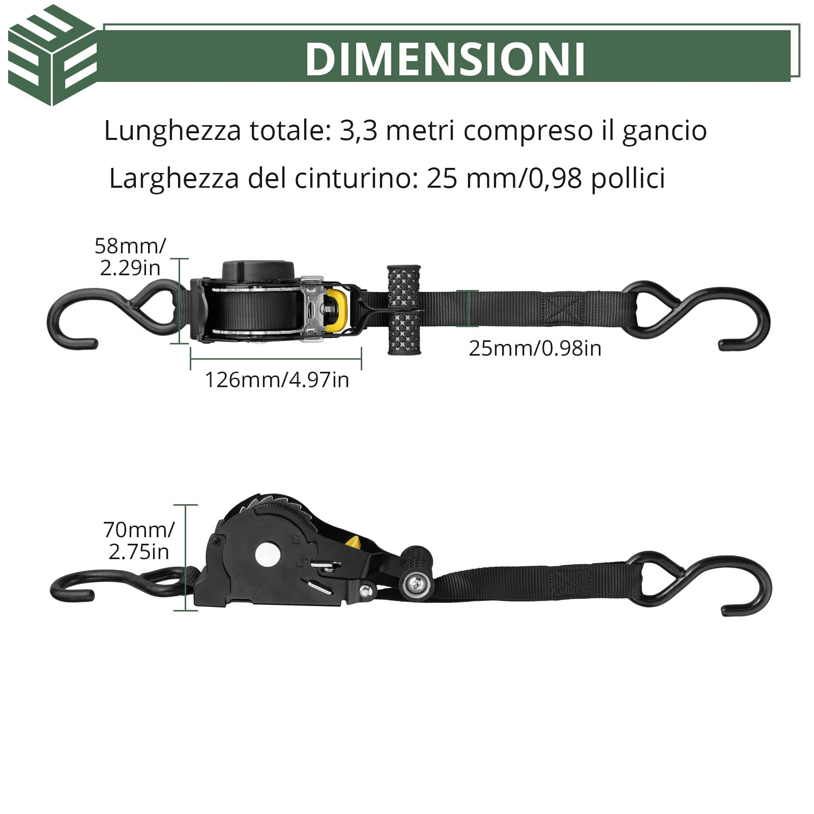 EYPINS 4 Pezzi Cinghie a Cricchetto Retrattili Automatiche con Ganci a S e Maniglie,340kg/680kg,Lunghezza 3,3m,Larghezza 25mm,Cinghie di Fissaggio Conforme EN-12195-2,Nero,per Moto,Rimorchi
