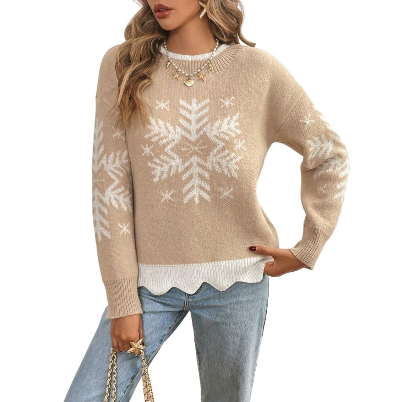 Womens Snowflake Pattern Knit Sweater Winter Christmas Top Soft Casual Festive Cute Holiday Party Top Pullover