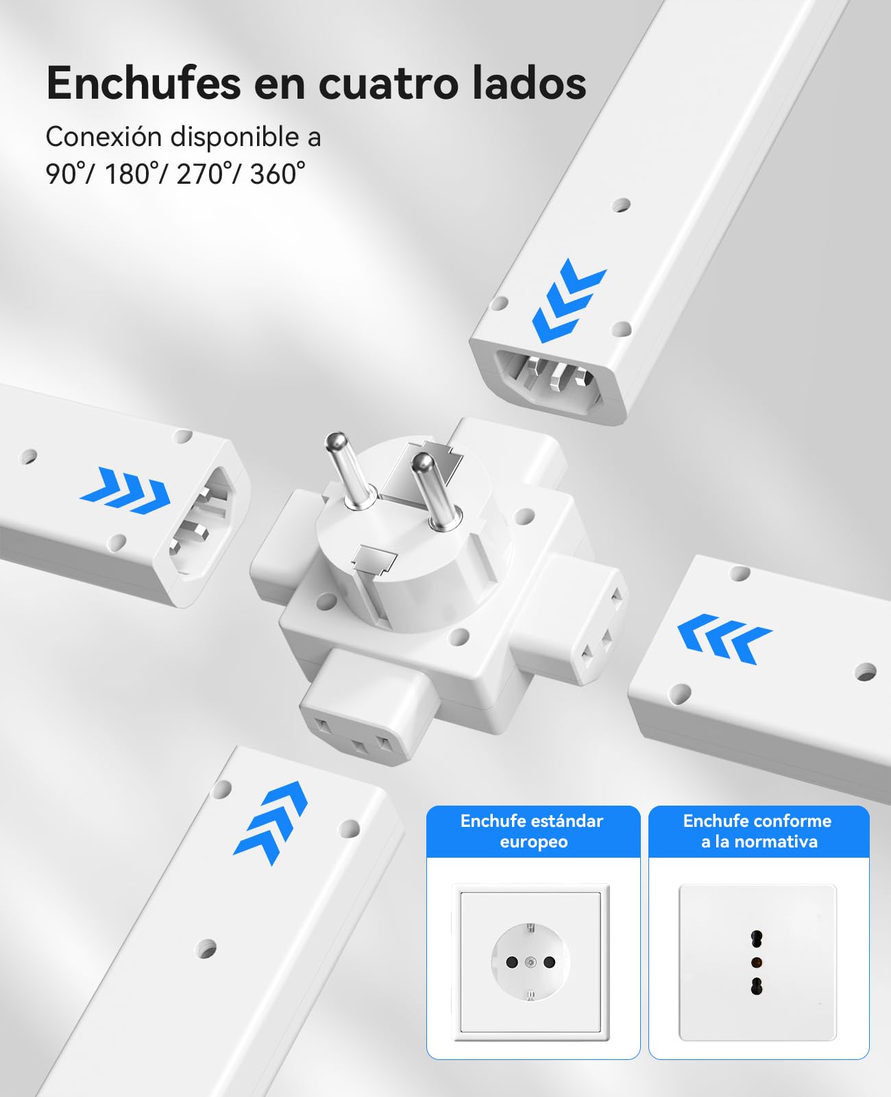 Regletas Enchufes 2 Tomas, 2 Puertos USB-A y 1 USB-C, Regleta Múltiple con 3 Extensión, Apta para Enchufes de Difícil Acceso Detrás del Sofá, Mesita de Noche, Escritorio — view 3
