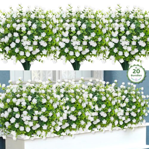 Image of Artificial Flowers for Outdoors Decoration UV Resistant, White | faux plants, fake plastic eucalyptus, greenery stems, indoor outdoor use, Garden fence patio window box porch planter decor