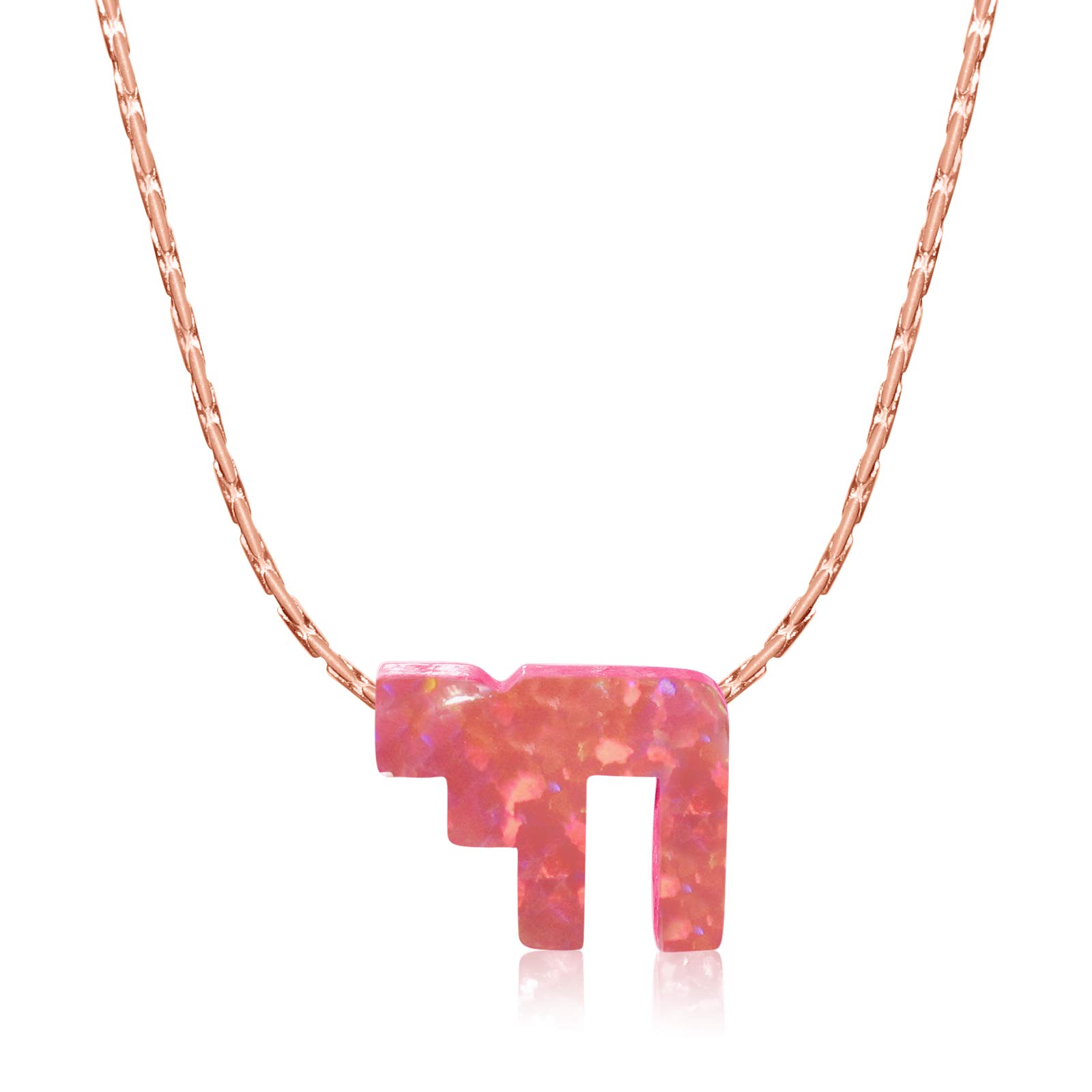 KEZEFSimulated Pink Opal Chai Charm 16 or 18" Cardano Chain Necklace in Rose or Gold Plated & Sterling Silver