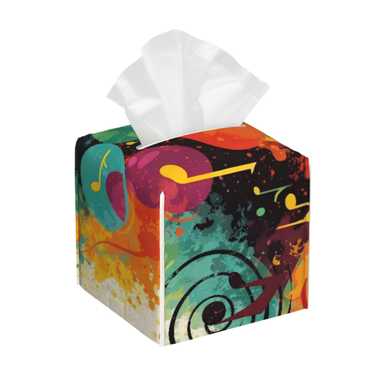 Abstract Music Themed Leather Tissue Box Cover Holder Square Facial Paper Organizer 5.2" X 5.2" X 5.2"