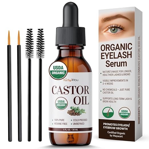 BodyJ4You Organic Castor Oil for Hair Growth: Natural Eyelashes Serum for Lashes and Eyebrows - Glass Bottle 1 Fl Oz