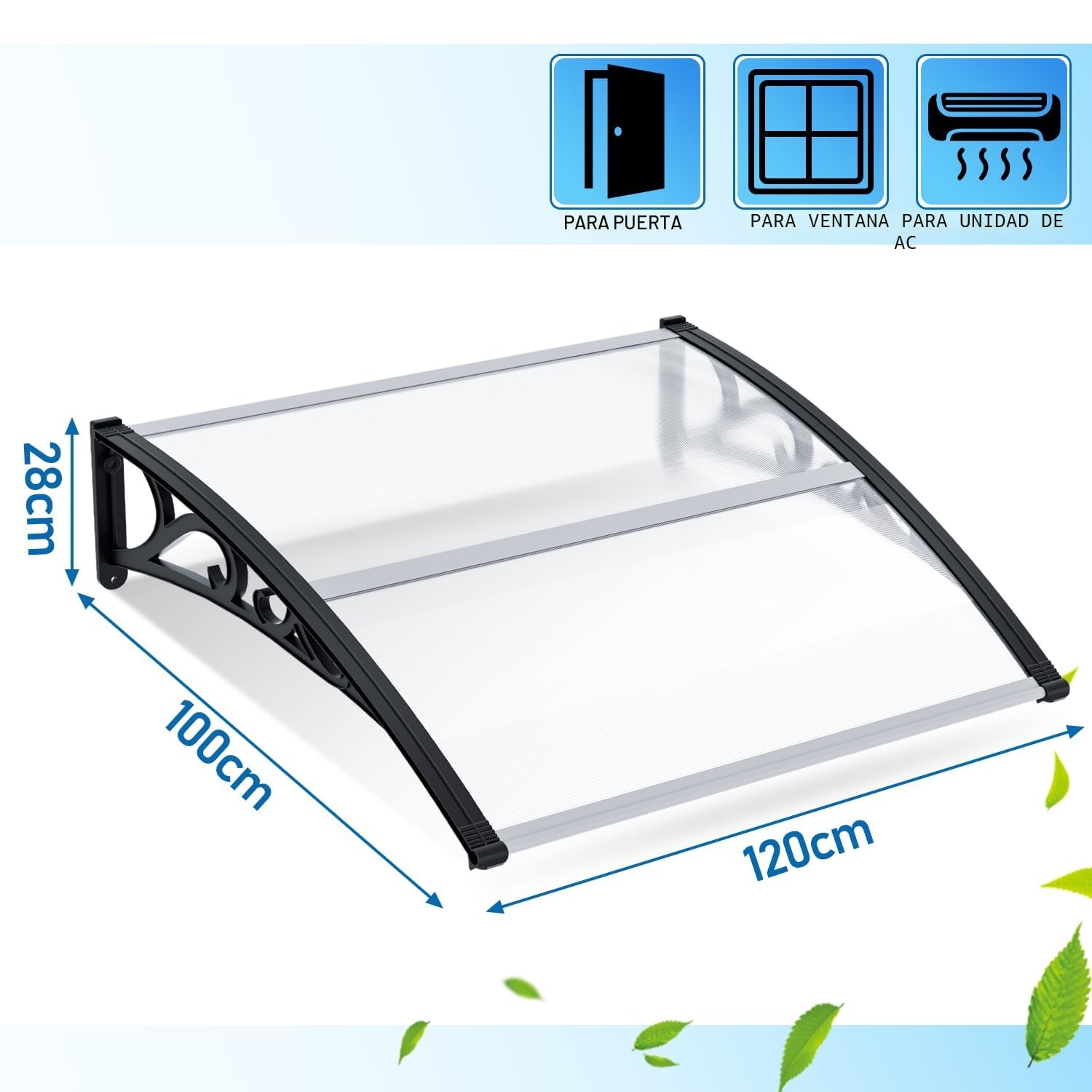Sonnewelt Marquesina para Puerta de Entrada 100x120 cm, Techo de Policarbonato Hueco 5 mm con Estructura de ABS, Arco Transparente Inclinado, Protección Exterior contra la Lluvia y el Sol