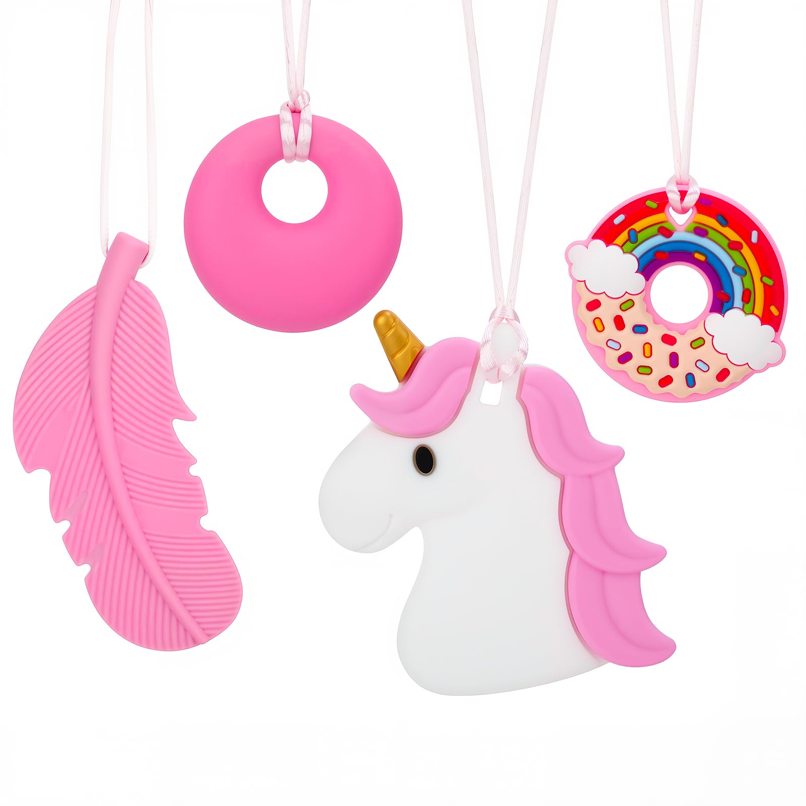 4 Pack Sensory Chew Necklaces,Silicone Oral Motor Chewy Toys for Kids Boys Girls Teething,Anxiety,Biting Needs,Includes Unicorn,Donut,Feather&Circle Pendants