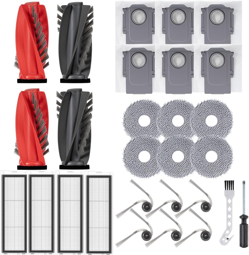 26 PCS Replacement Accessories for Roborock Q Revo Robot Vacuum(Not for Qrevo S/Pro/Plus/MaxV), 2 Main Brushes, 4 Filter, 6 Mop Cloths, 6 Dust Bags, 6 Side Brushes, 1 Cleaning Brush, 1 Screwdriver