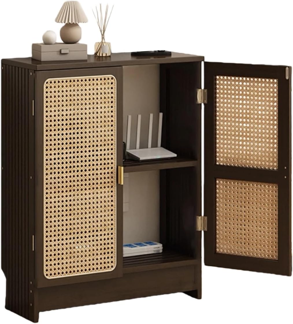 Floor Media Storage Cabinet, Rattan Design, WiFi Router Storage with Door and Shelf, Large Capacity for Living Room, Gaming, Office Use