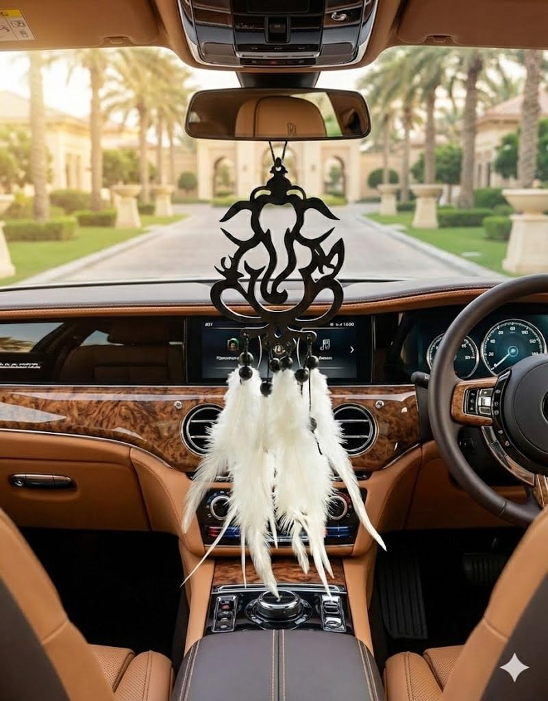 Feelon Acrylic Car Hanging Accessories Interior - Elegant Dream Catcher for Car - Charm for Auto Decor - Stylish Handmade Ornament for Rear View Mirror Decoration - Ganesh White