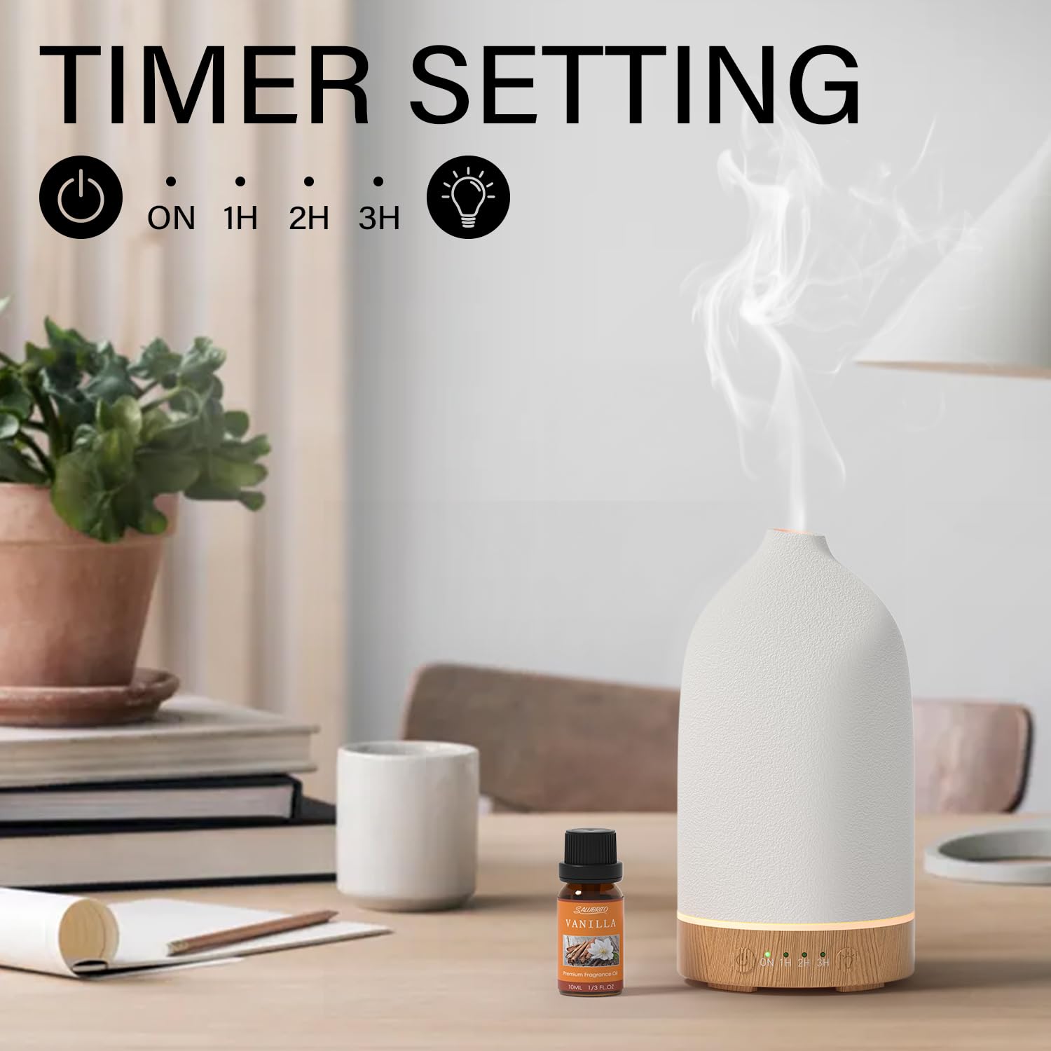 SALUBRITO Keramik Aroma Diffuser, Weiß Diffusor für Ätherische Öle, Ultraschall Duftöl Diffuser, Aromatherapie Diffusor für Duftöle, BPA Frei, Geschenk für Frauen